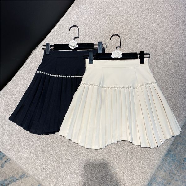 

2021 Spring New Arrival Solid Color Pearl Edge-to-line High Waist Thin Pleated Female Fashion Skirt Efic, Black