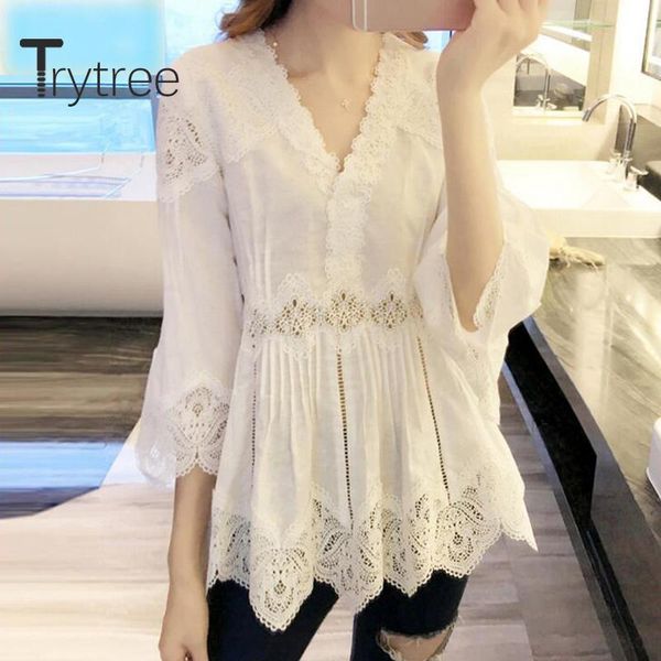 

women's blouses & shirts trytree 2021 summer woman casual blouse v-neck lacr hollow out fashion flare sleeve temperament all-purpose st, White