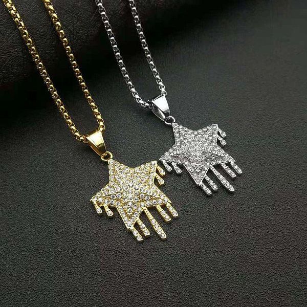 

pendant necklaces men women iced out cubic zircon bling drip star necklace gold color stainless steel chain hip hop jewelry, Silver
