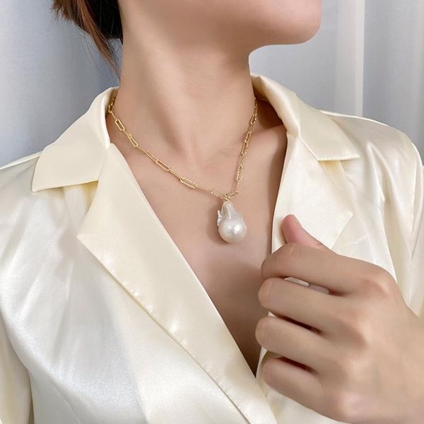 

925 sterling silver necklaces for women big baroque freshwater pearl statement korean pendant necklace collana perle jewelry, Golden;silver