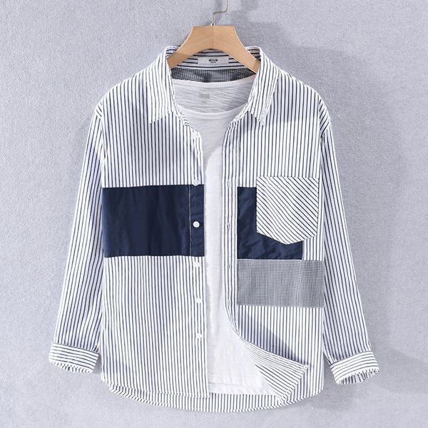 

2021 new novo estilo itlia marca de algodo masculina listra na moda camisas para confortvel listrado camisa dos homens casuais 71x0, White