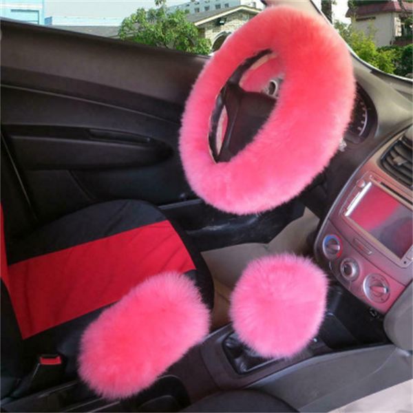 

3pcs real fur australian wool steering wheel cover furry fluffy car accessory