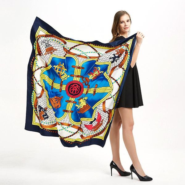 

scarves 130cm silk scarf large size luxury designers 130*130cm twill women foulard print, Blue;gray