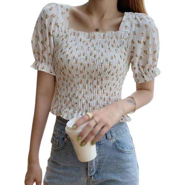 

summer women floral print shirts square collar puff sleeve short shirts sweet female chiffon blouse, White
