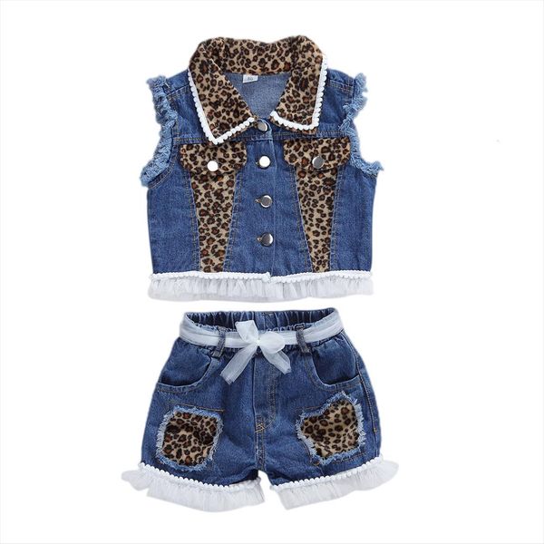 

1 6y fashion infant baby girls leopard clothes sets sleeveless single breasted vest coat shorts 2pcs, White
