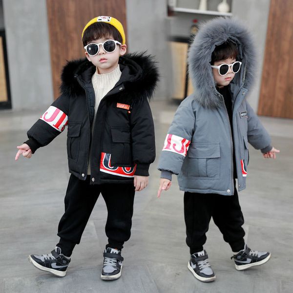 

winter 2-8years cotton-padded jacket boys baby children outwear hooded thicken cartoon warm fur collar coat for kids clothes, Blue;gray