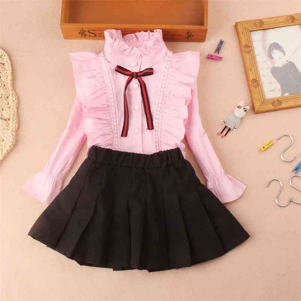 

fashion autumn pink shirts for teenage girls cotton children mandarin collar blouses spring solid white color bottom 210622, White;black