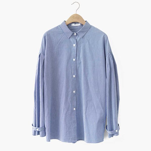

perhaps u puff sleeve long sleeve turn down collar blue striped shirt women pleat b0149 210529, White