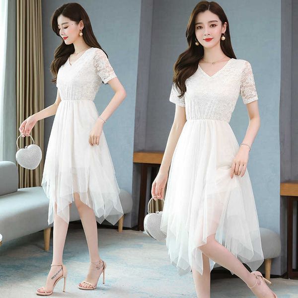 

skirt 2021 temperament v-neck irregular lace drs small mom stitching mh medium length, Black;gray