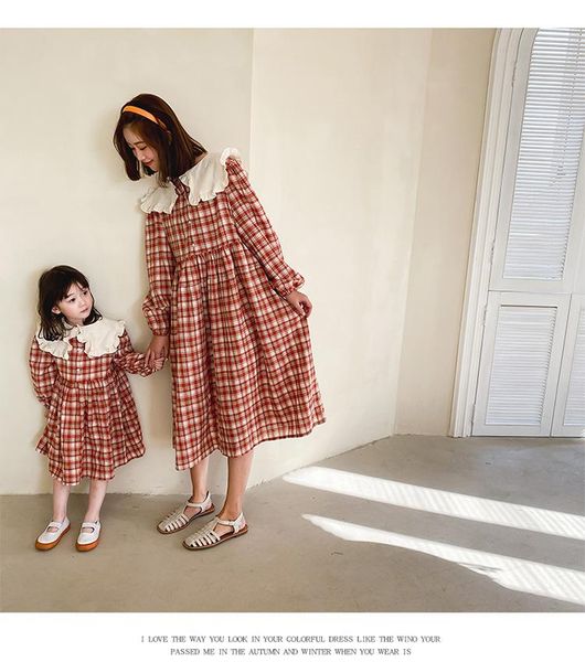 

korean style spring plaid loosen long-sleeved turn down collar dresses for girls and women parent-child clothing, Blue
