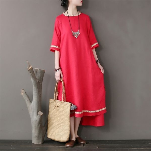 

original national style women's dress stitching embroidery tear edge linen dress loose sleeve high - grade 210309, Black;gray
