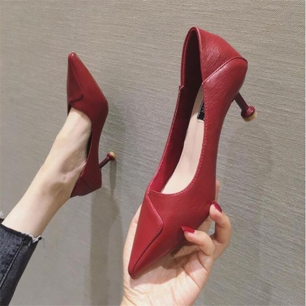 

dress shoes high-heeled women's 2021 spring wild fashion red wedding pointed toe ol work, Black