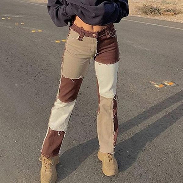 

women's pants & capris unaiza autumn women cowboy striped patchwork street casual hip hop high waist loose straight jeans mujer fashion, Black;white