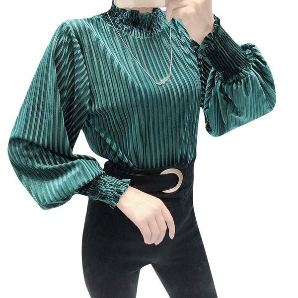 

vintage womens shirt corduroy lantern sleeve turtleneck blouse women streetwear long blouses casual blusa blusas, White