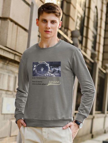 

men slogan & astronaut print pullover z89e#, Black