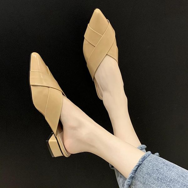 

slippers pu leather mules shoes women pointed toe chunky heel summer temperament elegant closed flat sandals 2021, Black
