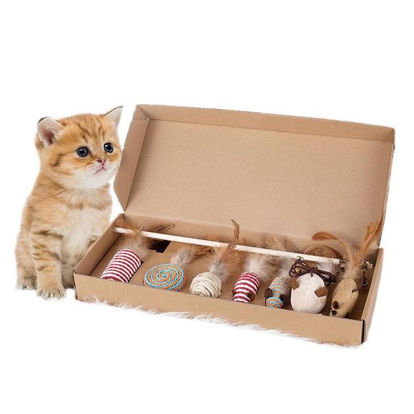 

cat toys pet supplies 7pcs ball toy set feather teaser wand catnip sisal box