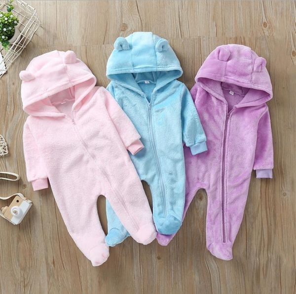 Menina Macacão Macacão Infantil Sólido Menino Jumpsuits Manga Longa Recém-nascido Pé Com Capuz Wrap Romper Flannel Baby Baby Roupas 3 Cores BT4985