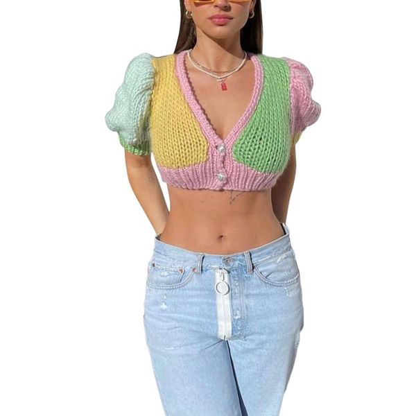 

women's knits & tees button down crop , short puff sleeve v neck color block knit t-shirts, White