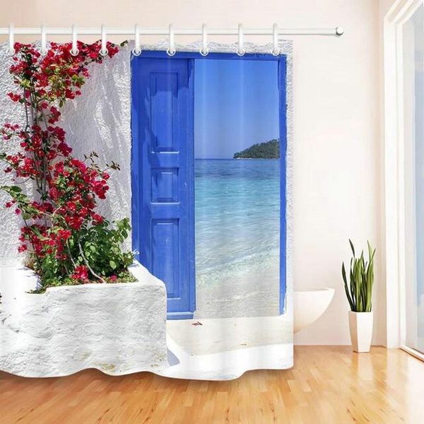 

shower curtains red flowers blue greek door with a sea view on island waterproof fabric bathroom curtain set home bathtub decor