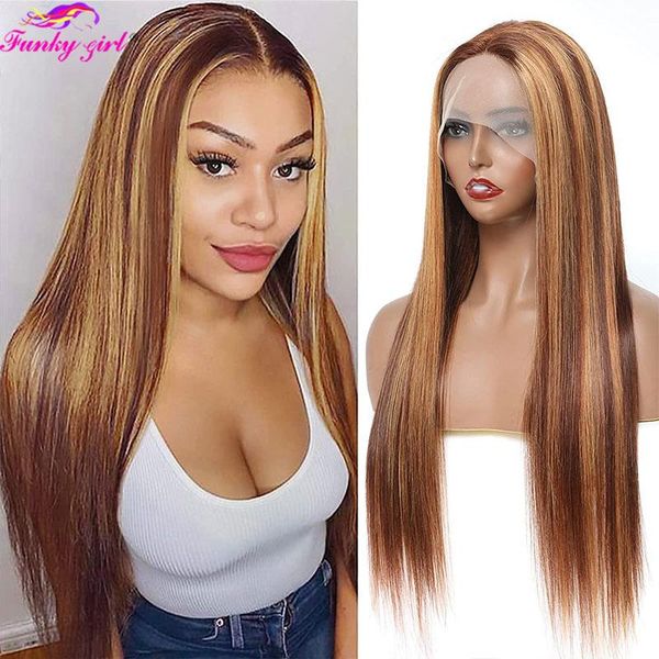 

lace wigs ombre highlight straight front human hair 4/27 t part transparent brown honey blonde wig for women, Black;brown
