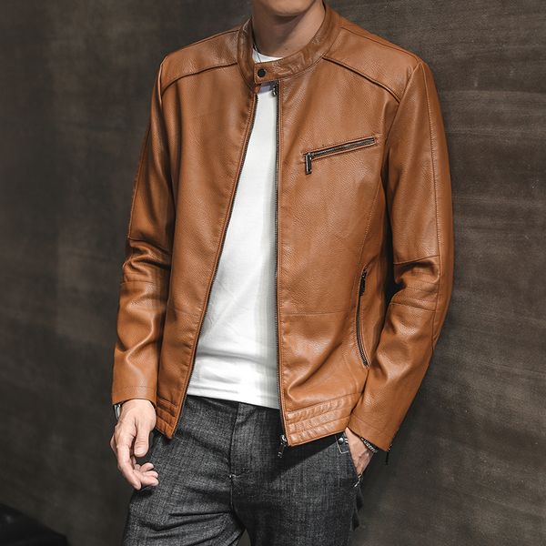 

2021 men spring new slim causal motorcycle pu leather jacket coat mens fashion stand collar streetwear jackets yxp1, Black