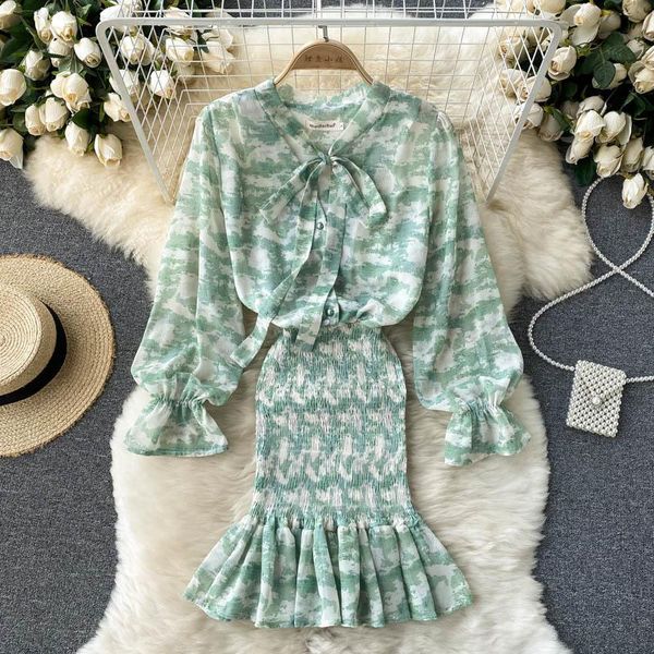 

casual dresses autumn green printed chiffon bodycon dress women elegant bow collar flare long sleeve high waist draped vestidos mermaid robe, Black;gray
