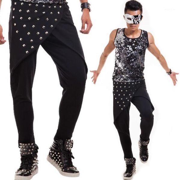 

bar male dj costume rivets rock concert harem pants hair stylist men fashion personality stage casual trousers men's, Black