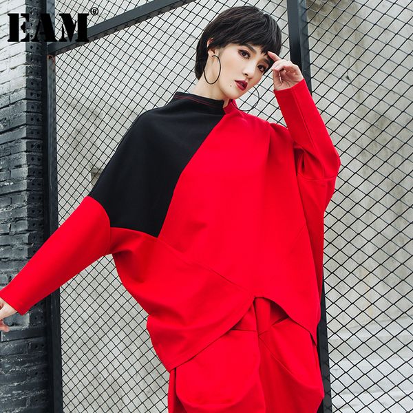 

[eam] women big size black red irregular hem t-shirt new stand collar long sleeve fashion tide spring autumn 2021 1dd2681 210302, White