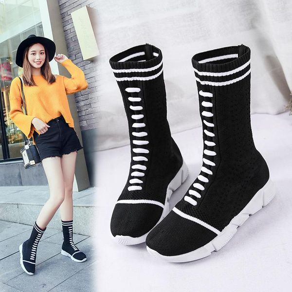 

boots fall european station spring knit mid-tube platform sport ladies' fashion socks shoes, Black