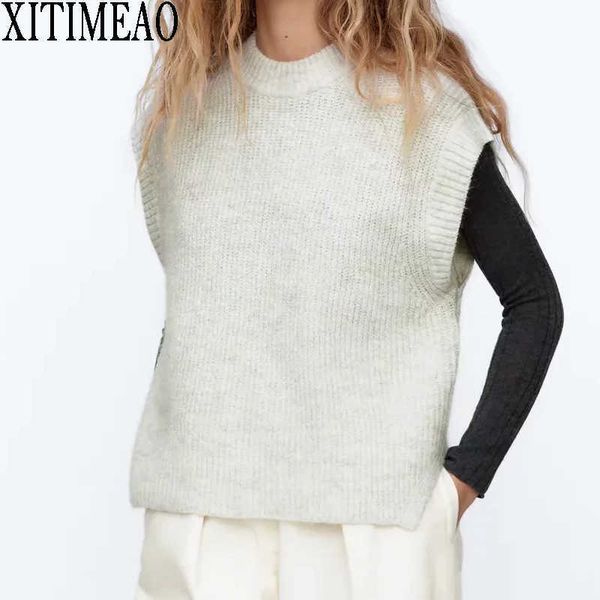 

za women chic fashion cross lace-up knitted vest sweater vintage o neck sleeveless female waistcoat 210604, Black;white