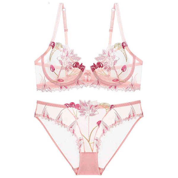 

set fashion designer luxury underwear transparent cherry ultra-thin large female mesh embroidered bra 1920, Black;white
