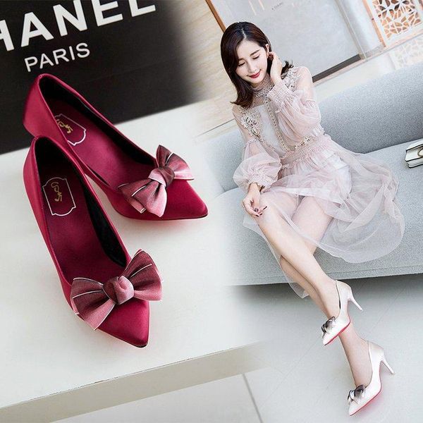 

dress shoes 2021 spring and autumn women's single bow high heels pointed professional sweet1, Black