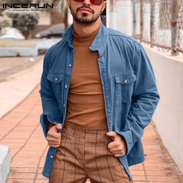 

men's casual shirts 2021 autumn men shirt lapel long sleeve solid color camisa masculina button vintage streetwear pockets 5xl incerun, White;black
