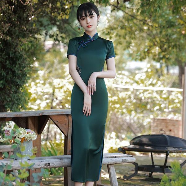 

ethnic clothing satin slim split chinese dresses traditional mandarin collar long qipao classic solid vintage cheongsams women party go, Red