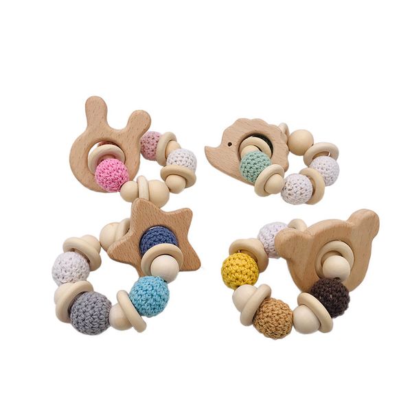 

lovely baby cartoon pacifier holders beech animal hedgehog bunny star bear molars teethers diy infant creative wooden bead toy bracelet d255