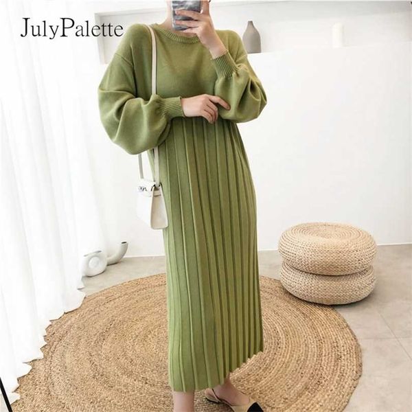 

julypalette autumn winter thicken long knitting dress fashion lantern sleeve female pleated oversize sweater 5 colors 211110, Black;gray