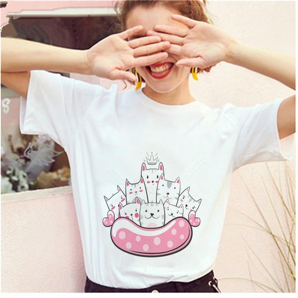 

women's t-shirt multi-cat harajuku funny kitten love print short sleeve casual cartoon korean tee female, White