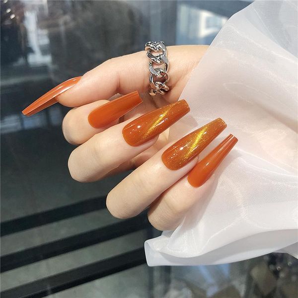 

false nails 24pcs fake with cat eye effect design long coffin full cover nail art tips press on glue manicure, Red;gold