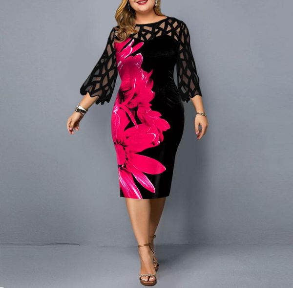 

plus size dresses mesh dress summer midi long sleeve patchwork lace flowers woman party night women clothing, Black