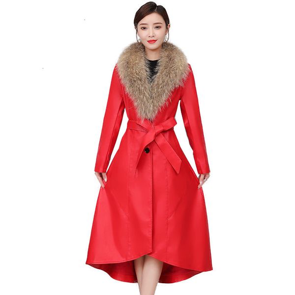 

2021 new women's pu jacket for winter add cotton warm slim big fur collar long leather coat female outerwear 5xl a 391 4a3h, Black