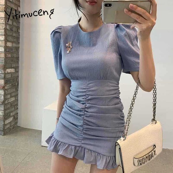 

yitimuceng ruched dresses women ruffles trumpet puff sleeve high waist unicolor sundress summer fashion mini dress 210601, Black;gray