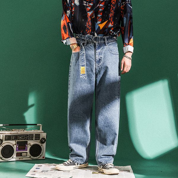 

2021 new removable decoration belt letter printing cowboy wide leg pants baggy classic cargo pocket jeans blue trousers s-2xl lkap