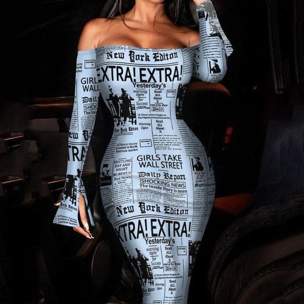 

casual dresses girl off shoulder tight aesthetic y2k for women bodycon stretchy letter print long sleeve night club dress 2021, Black;gray