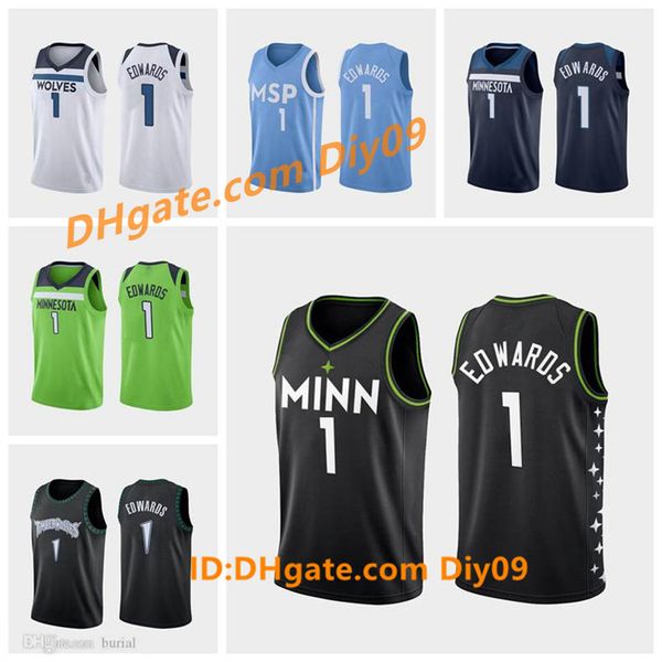 

1 anthony edwards minnesota timberwolves 2020-21 city basketball new icon jerseys green black blue white, Black;red