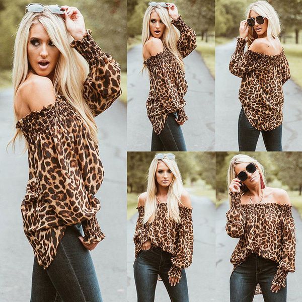 

new women button down leopard print chiffon blouse long mouw t-shirt, White