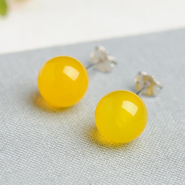 

other 6/8mm natural yellow agate chalcedony stud earrings solid 925 sterling silver fine fashion stone jewelry for women's gift, Golden;silver