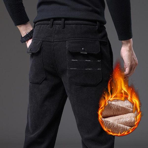 

men's pants winter fleece warm casual elastic waist corduroy fashion thickened straight trousers male brand clothing, Black
