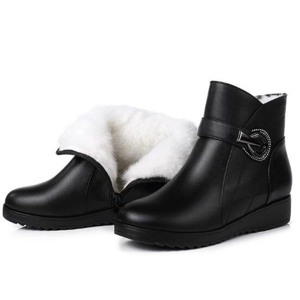 

boots zxryxgs brand warm plush wool winter women snow flat wedges large size genuine leather shoes woman ankle, Black