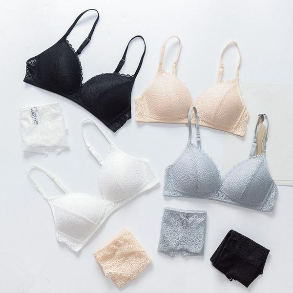 

bras sets summer women push up bra set simple cotton lace side solid color seamless thin 3/4 cup back closure briefs, Red;black